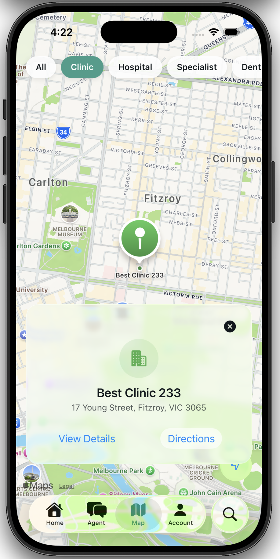 Map view with clinic filters
